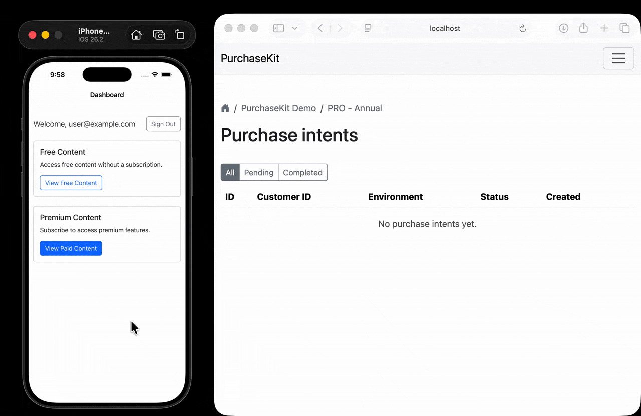 Video of an iOS app making an in-app purchase with PurchaseKit