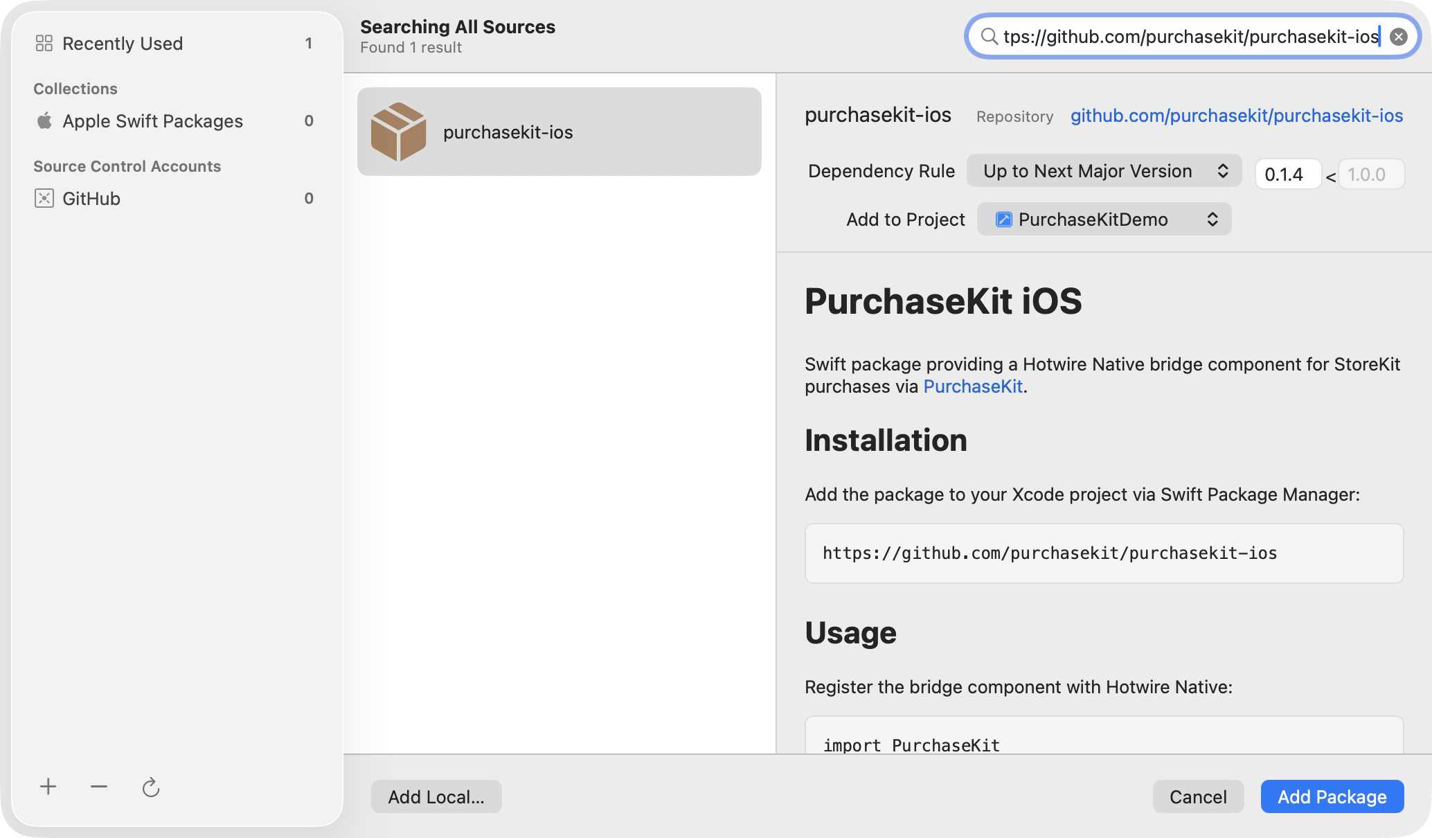 Adding the PurchaseKit package in Xcode