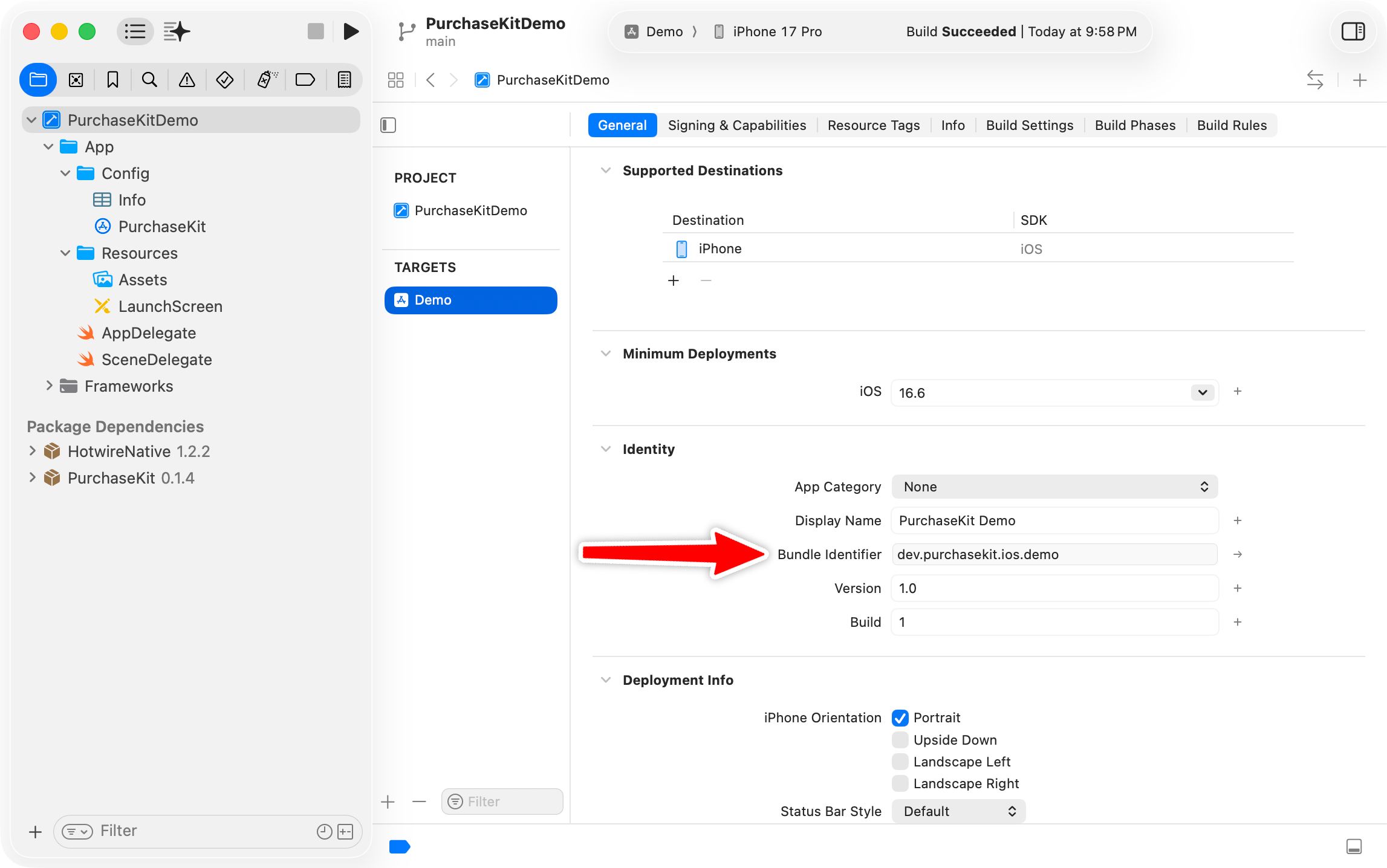 The bundle identifier in Xcode's Signing & Capabilities tab
