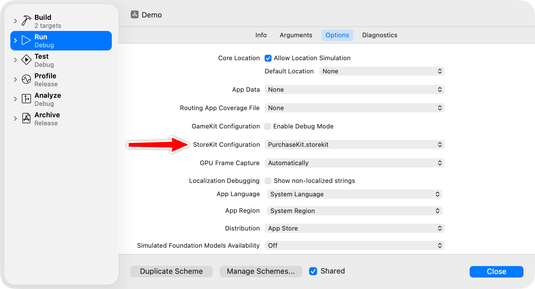 Enabling the StoreKit Configuration in your scheme